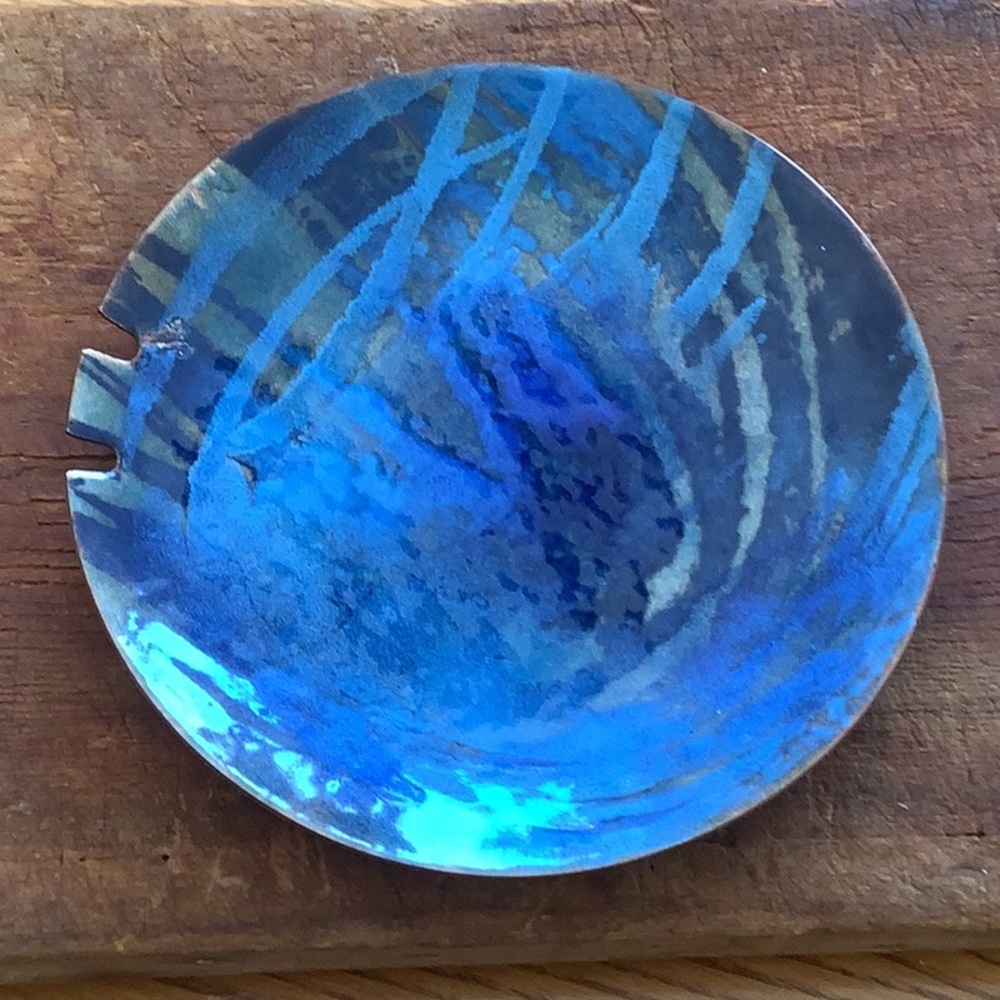 Mid-Century Modern Enameled Ashtray Dish * Multi-tonal Blue Swirls